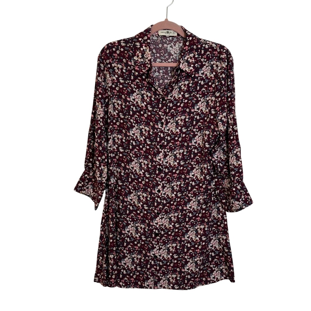 Natural Life‎ 3/4 Sleeve Shirt Dress Size L Purple Ditsy Floral Collared Boho